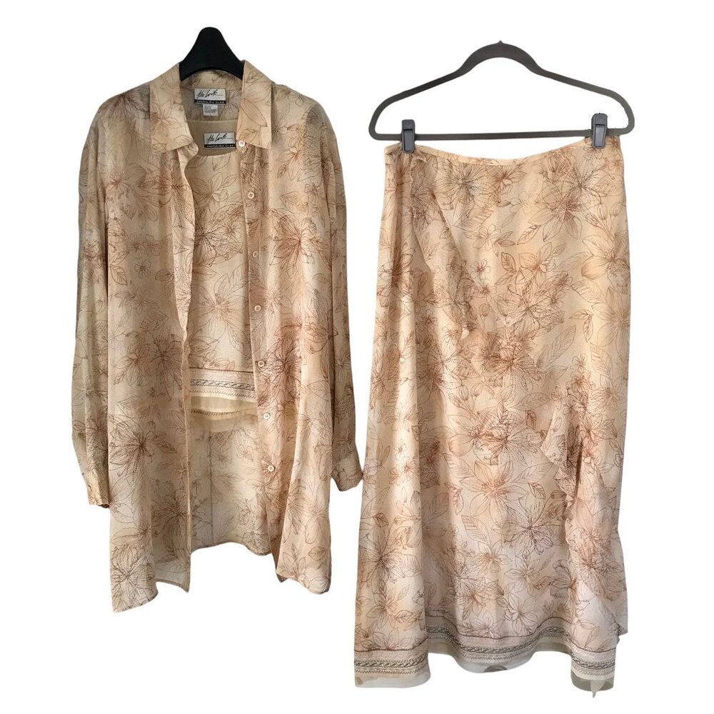 Randolph Duke Silk Tan Floral Print Long Blouse and Sleeveless Top and Skirt Set